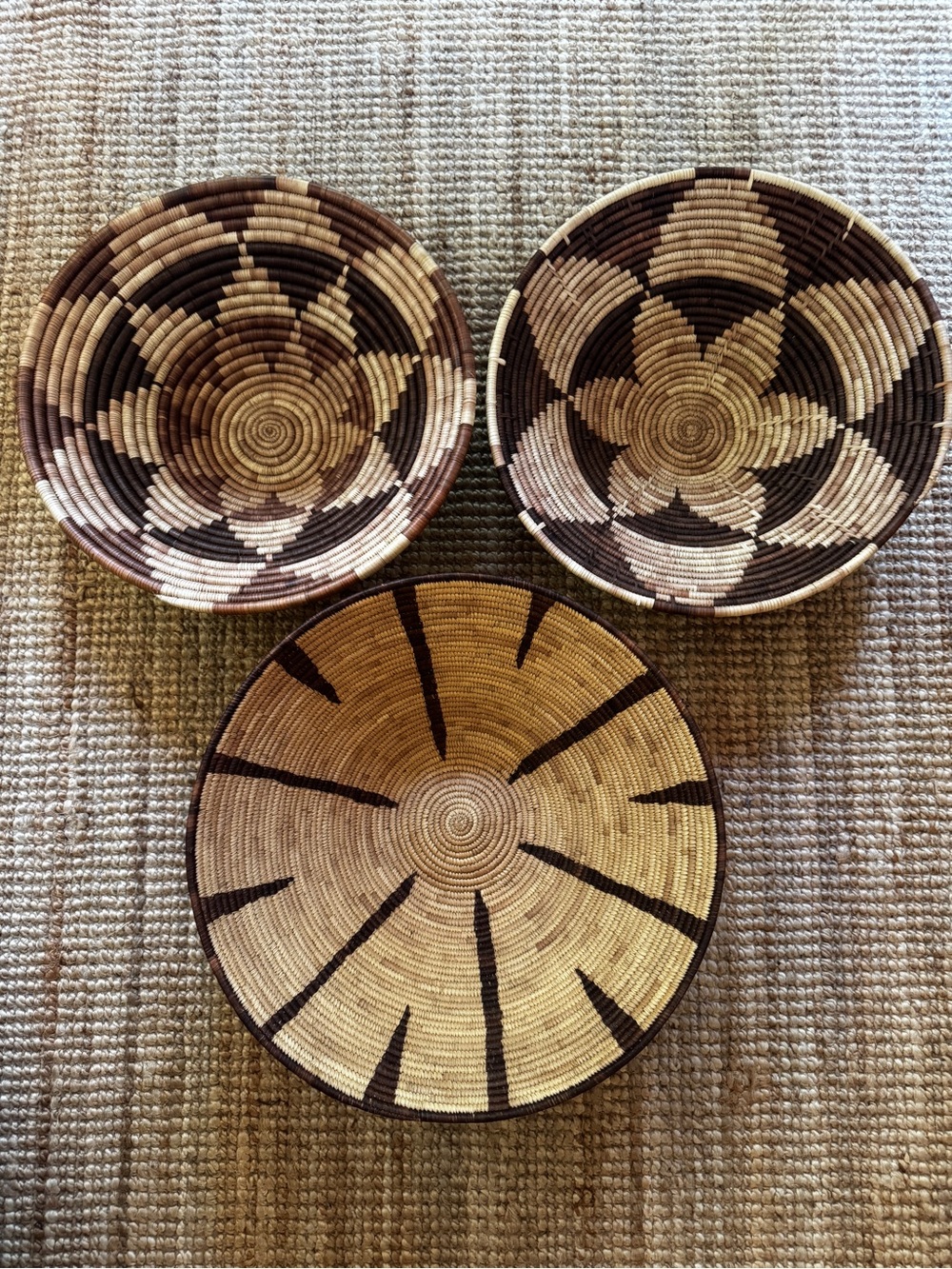 Trio of 3 Vintage African Accent Wall Baskets Large Coil Cone Woven Palm Fiber